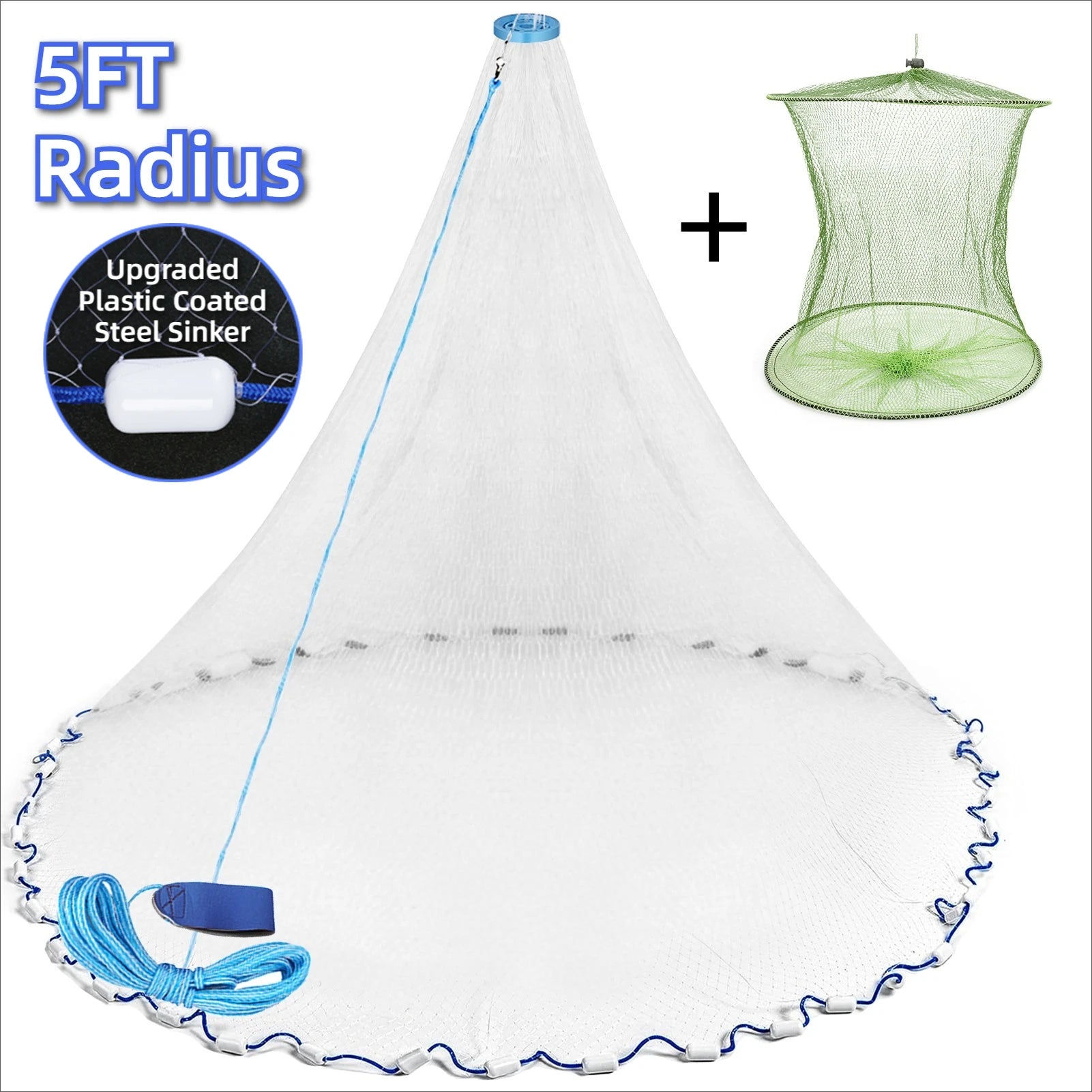 American Saltwater Fishing Cast Net for Bait Trap Fish 3/4/5/6/7/8/9/10ft Radius Casting Nets with Heavy Duty Zinc Sinker Weight