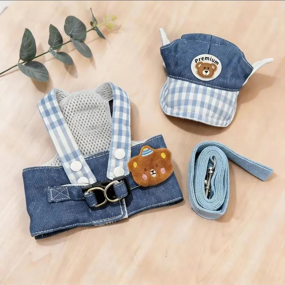 Denim Pet Leash Harness Set, Adjustable German-style Walking Chest Strap, Summer Outdoor Clothes for Cats, Universal for Dogs an