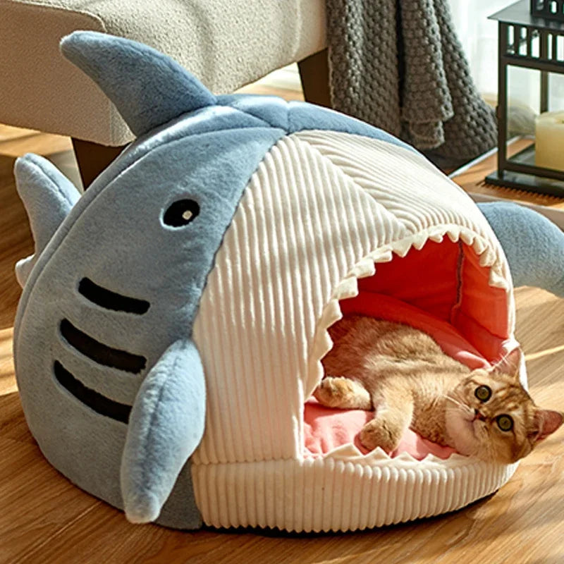 Winter Warm Pet Beds Shark Cat Mat Semi-Closed Pillow Puppy Nest Thicken Kittens Basket Cushion Pillow Mat Dogs Cats House Goods - Play Paws Toys