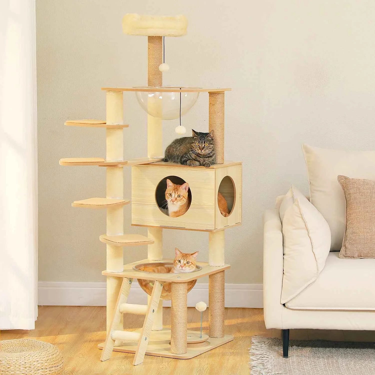 Multi-Level Cat Tree for Indoor Wood Cat Tower with Scratching Posts Spacious Condo Hammock Top Perch Cat Scratcher Cat Toys