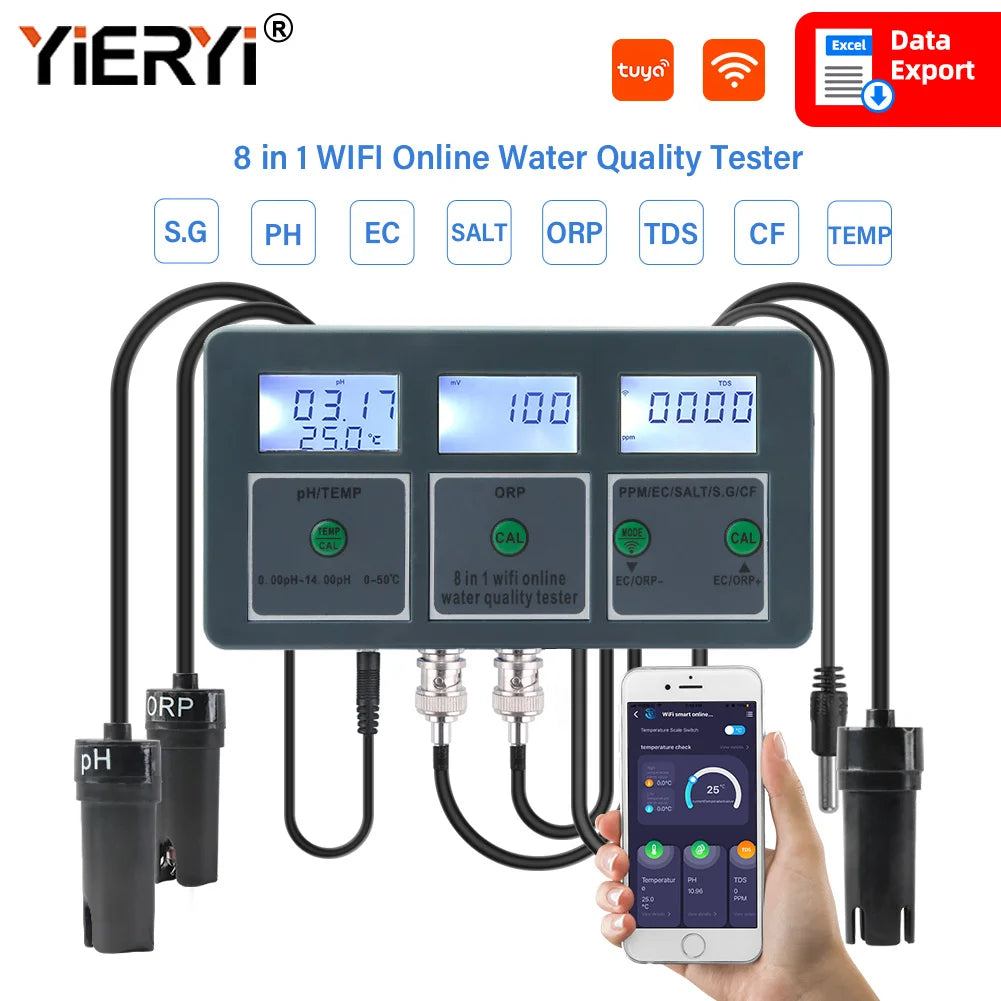 Yieryi WiFi Tuya Smart PH ORP TDS EC SALT S. G TEMP CF Monitor Meter Online Aquarium Water Quality Tester Data Logger Controller