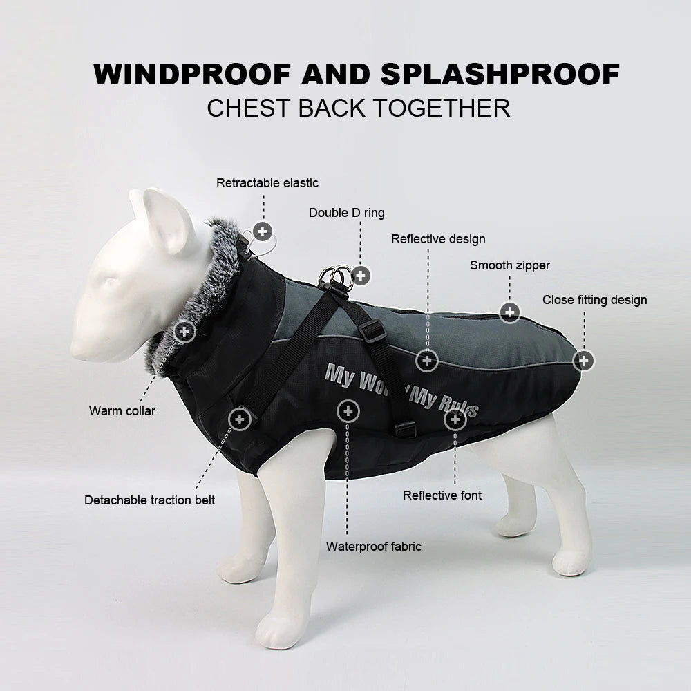 Warm Dog Clothes With Harness Winter Dog Clothes For Labrador Greyhound French Bulldog Vest Outfits Waterproof Big Dog Coat