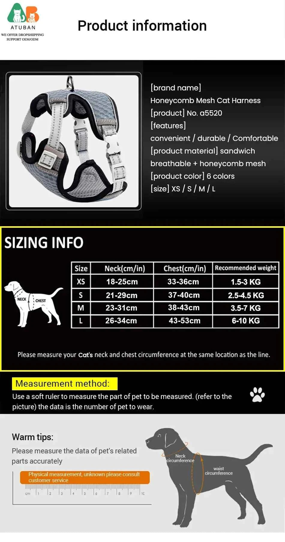 ATUBAN Cat Harness and Leash for Walking, Small Cat Harness Escape Proof Cat Harness Large, Adjustable Cat Harness Reflective