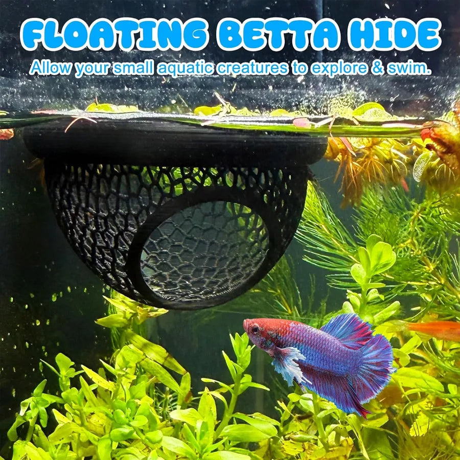 Floating Betta Hide & Shrimp Cave, M+L, Aquarium Decor, Multi-Functional Hammock, Feeding Ring, Safe Resting Spot for Small Fish