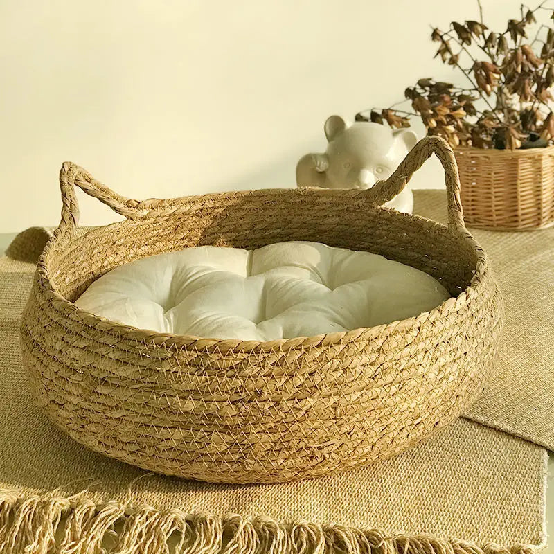 OUZEY Rattan Weaving Cat Basket Pet Cat Bed With Cushion Soft Warm Puppy Kitten Bed Donut Round Comfortable Sleeping Cat House - Play Paws Toys