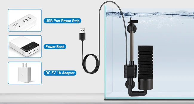 USB Small Aquarium Filter, Single Sponge Filter, with Suction Cup or Adjustable Hanging Clip, Dual Purpose Fish Bowl Tank Filter