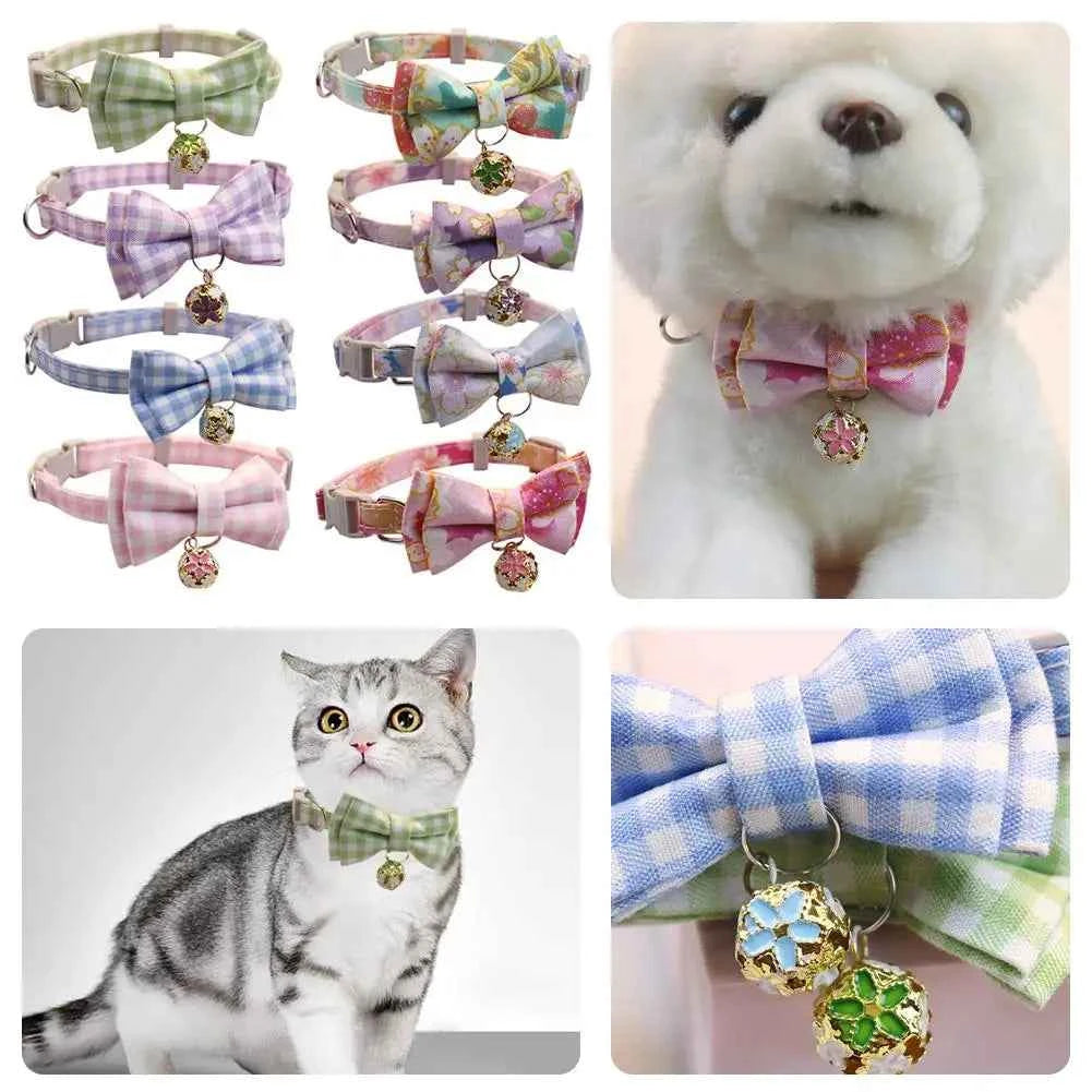 Lattice Bow Pet Cat Collar With Bell Adjustable Pet Collar Bownot Safety Necklace for Puppy Kitten Cat Cute Pattern Pet Supplies