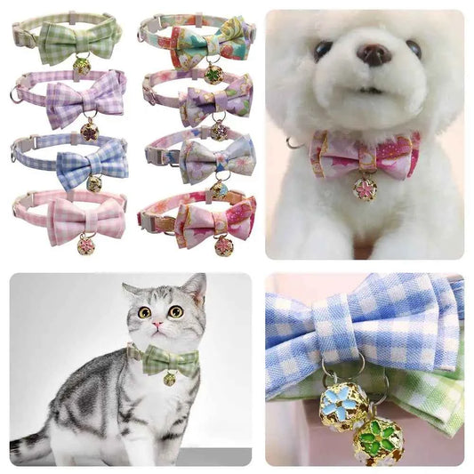 Lattice Bow Pet Cat Collar With Bell Adjustable Pet Collar Bownot Safety Necklace for Puppy Kitten Cat Cute Pattern Pet Supplies