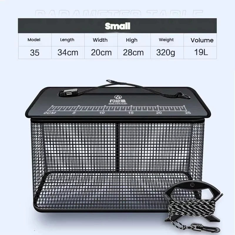 Floating fish basket, foldable fishing rack bucket, portable foldable fishing net for storing fishing equipment in the cage