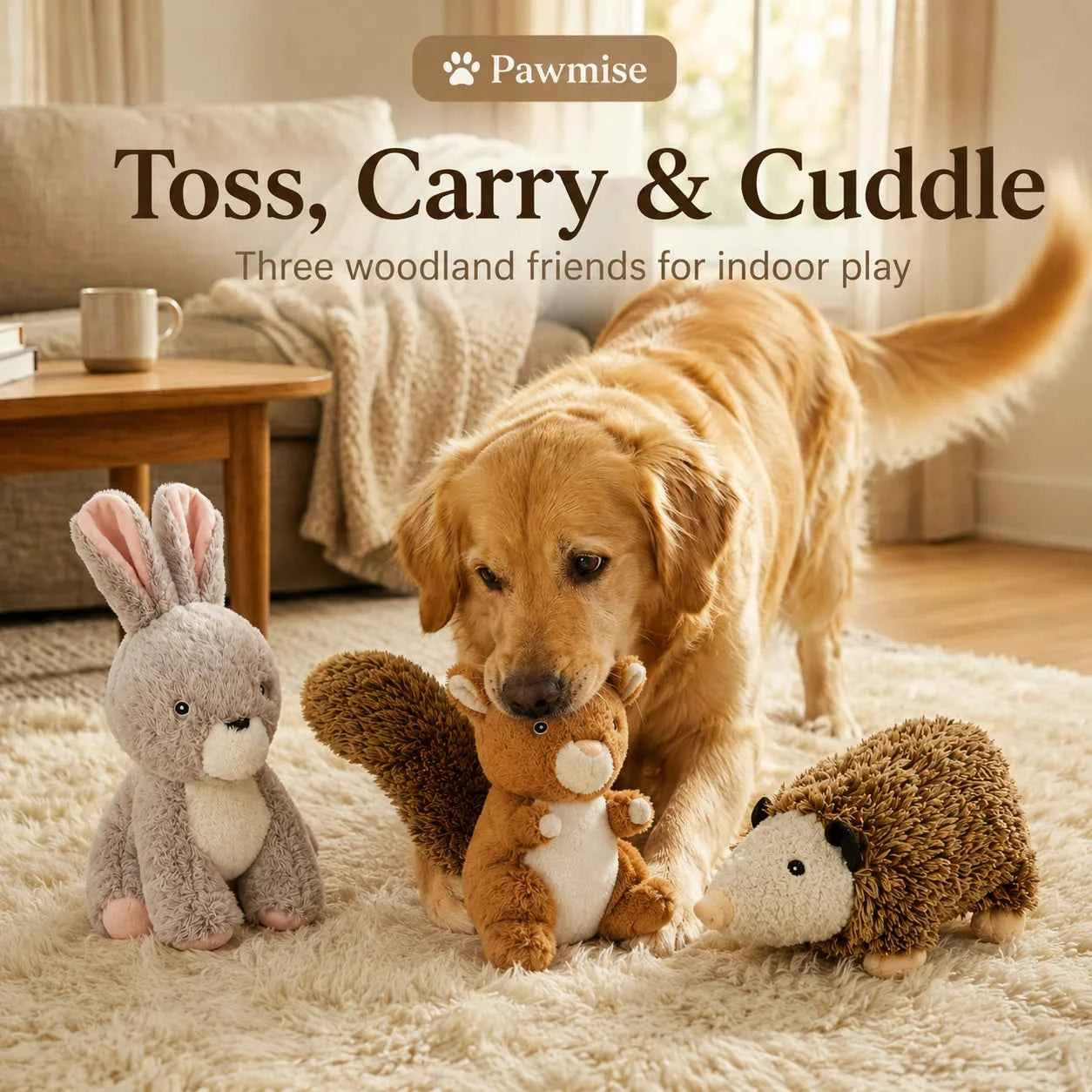 3-Piece Squeaky Plush Pet Toys Set - Rabbit, Squirrel & Mouse - Durable Crinkle Dog & Cat Toys for Small Breeds, Puppies & Kittens - Soft Chew Toys for Anxiety Relief & Interactive Play