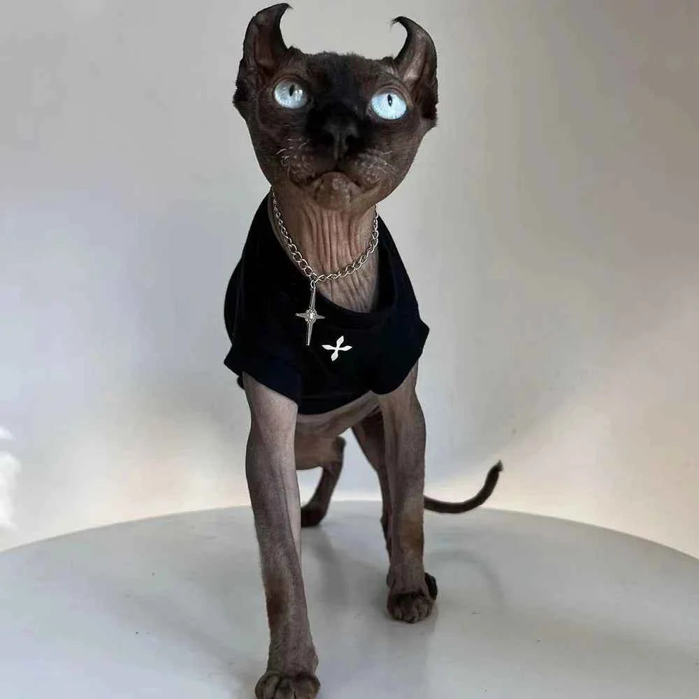 Sphynx Cat Clothes Winter Black Cotton T-Shirts , Pullover Kitten Shirts with Short-Sleeve, Hairless Pajamas Apparel for Cats