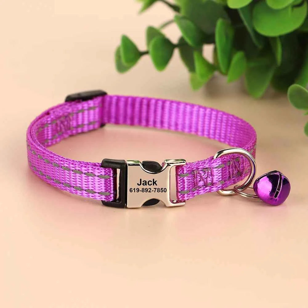 Personalized Cat Collar Reflective Nylon Dog Cats ID Collars With Bell Free Engraving for Cats Small Dogs Chihuahua 10 Colors