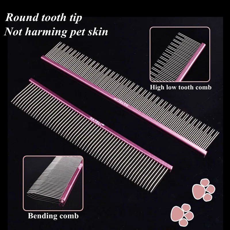 Pet Pink Comb Cat Dog Professional Stainless Steel Grooming Comb Dense Sparse Teeth Dog Cat Cleaning Brush Hair Reemoval Comb