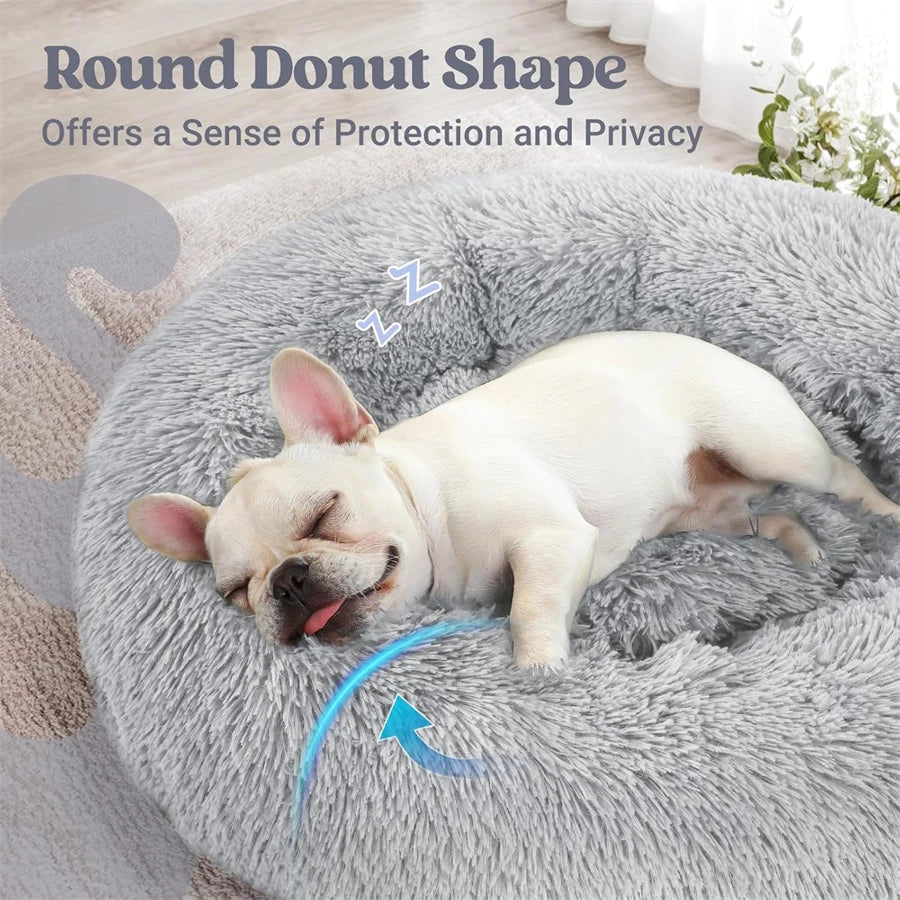 Soft Long Plush Cat House Beds dog Calm Warm Faux Fur Bed Donut Round Comfortable Sleeping Bed Washable for Small Medium Dog Cat - Play Paws Toys