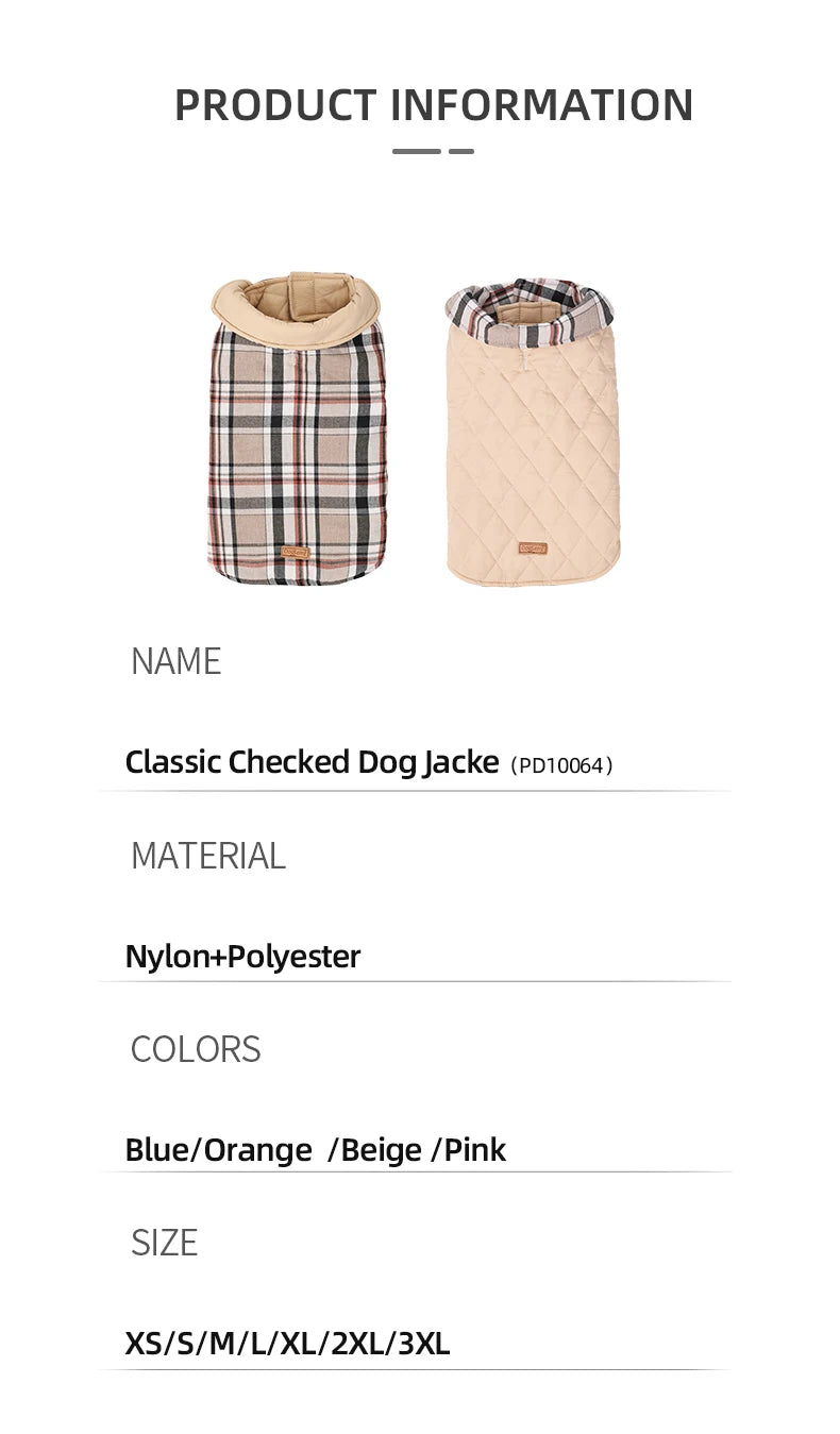 Reversible Dog Jacket Winter Dog Clothes Waterproof Checked Soft Quilted Coat for Small Large Dogs Warm Pet Vest French Bulldog