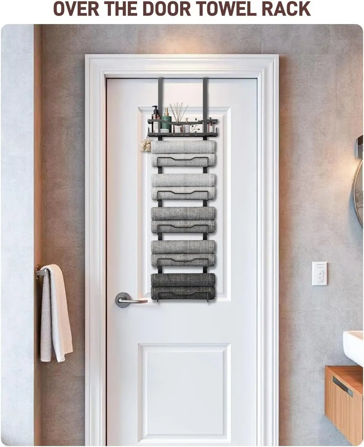 Hanging Towel Racks For Bathroom No Drill - 6-Tier Over The Door Bath Towel Storage Organizer For Small Bathrooms - Tiered Back