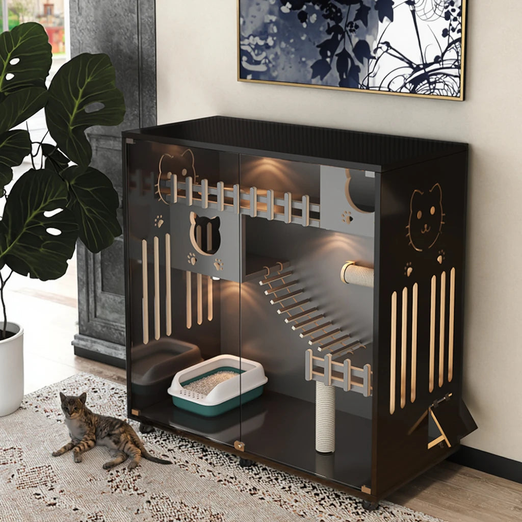 Customizable Luxury Wooden Cat Villa Big Pet Play Cage House for 2 Cats for Indoors Living Room - Play Paws Toys