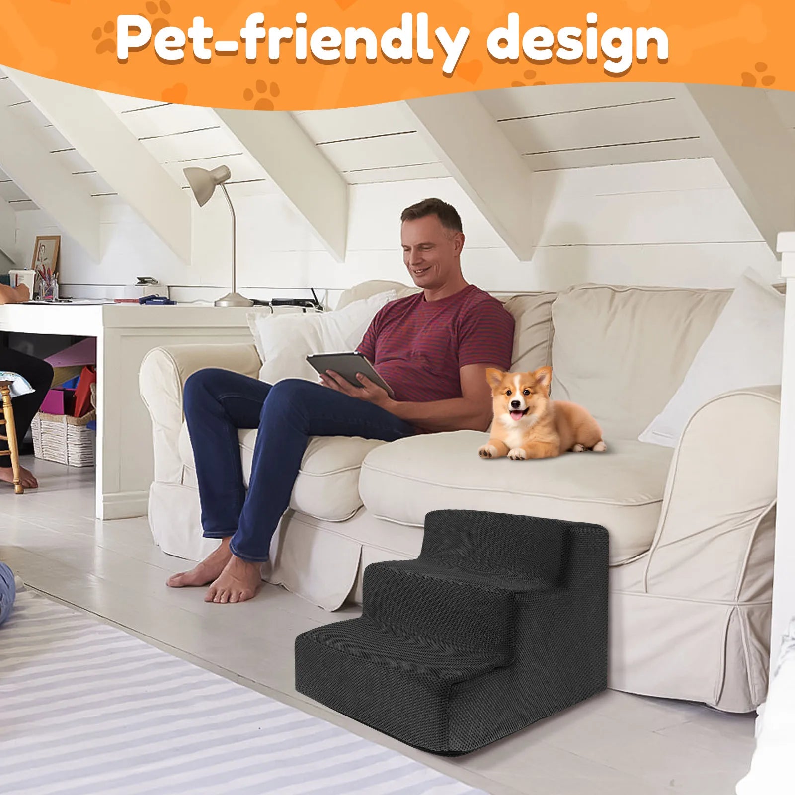 3 Step Dog Pet Stairs Ramp Ladder Training Non-Slip High Density Soft Foam Removable for High Bed or Couch Pet Supplies