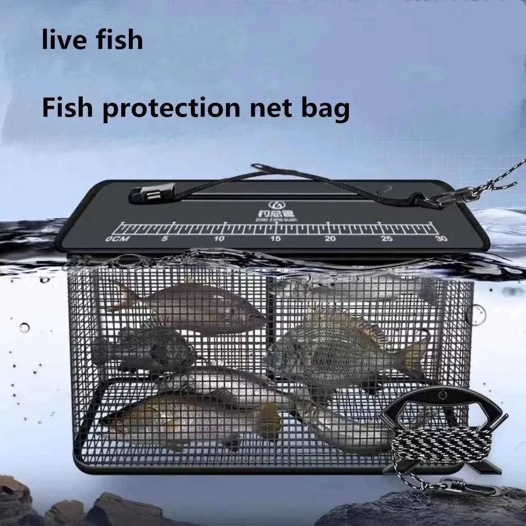 Floating fish basket, foldable fishing rack bucket, portable foldable fishing net for storing fishing equipment in the cage