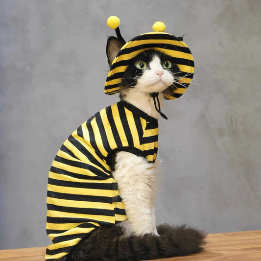 2Pcs Bee Themed Cat Outfit Set, Striped T-Shirt + Sun Hat, Cute Pet Costume for Halloween & Photo Props, Breathable Outfit for S