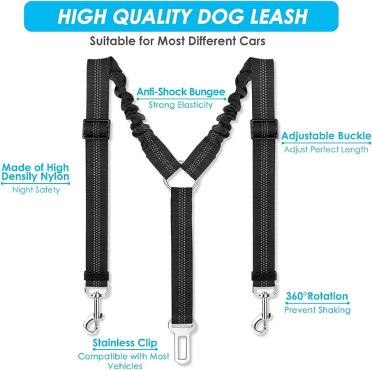 Dog Seat Belt, Double Dog Seatbelt Adjustable Vehicle Safety Leash with Elastic Bungee Buffer, Reflective No Tangle Y Shape Two