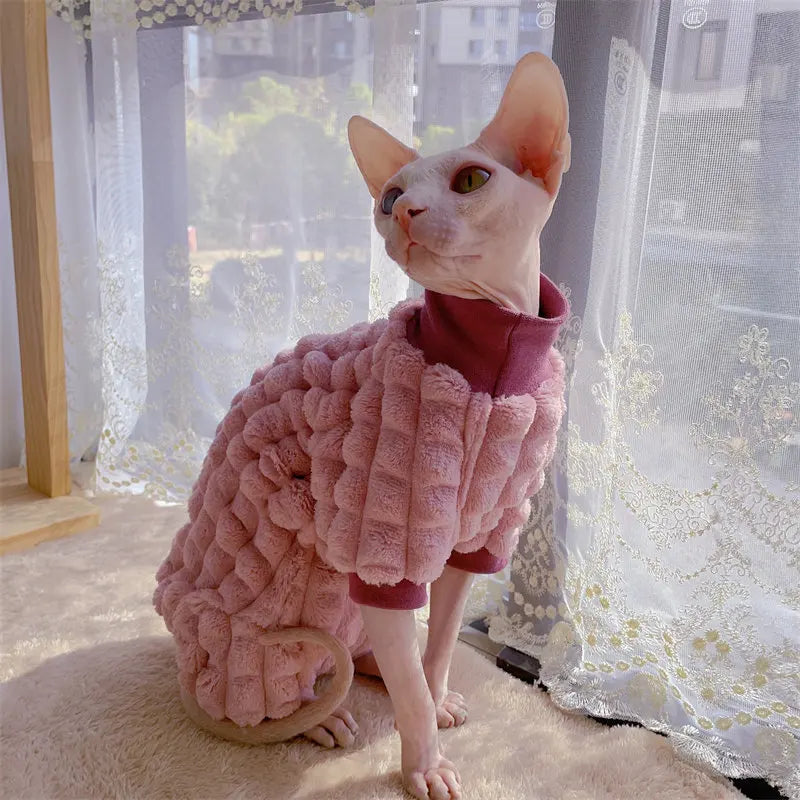Sphynx Cat Turtleneck Winter Green Sweater Hairless Cat Clothes Thick Warm 4-legged Coat Purple Fleece Jacket for Devon Rex - Play Paws Toys