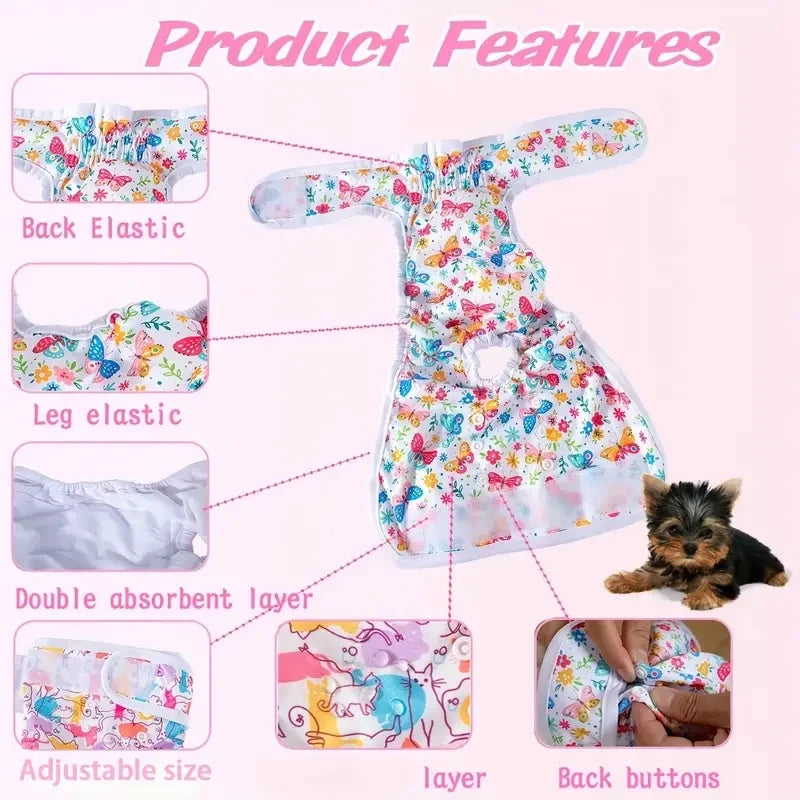 Washable Female Dog Diaper Sanitary Short Panties Pet Physiological Pants Dog Clothes Cartoon Print Underwear Briefs Pet Product