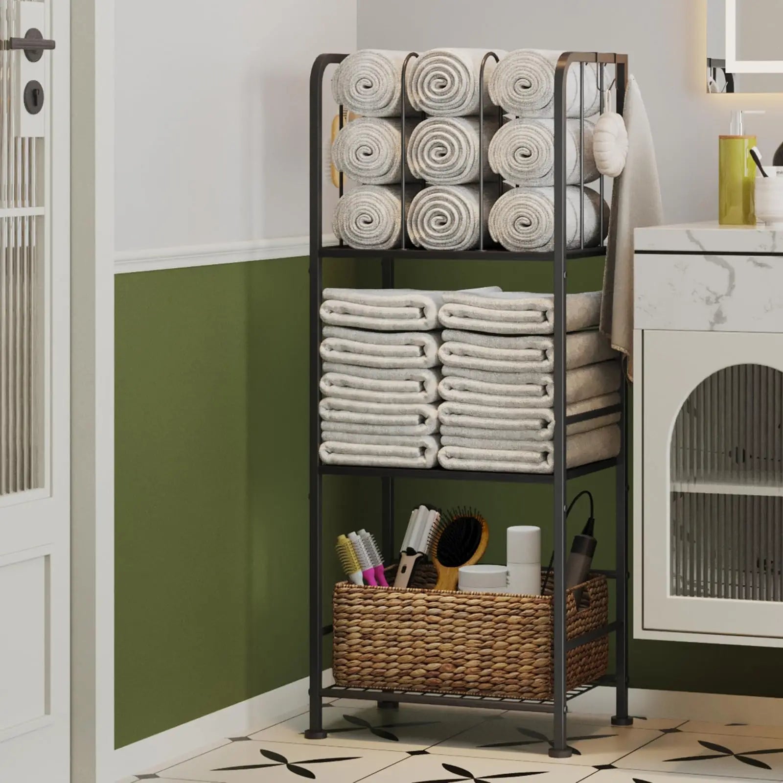 Rack For Bathroom 3-Tier M-Shaped Detachable Dividers, Durable Metal Towel Holder, Pool Items Holder, Space-Saving Storage