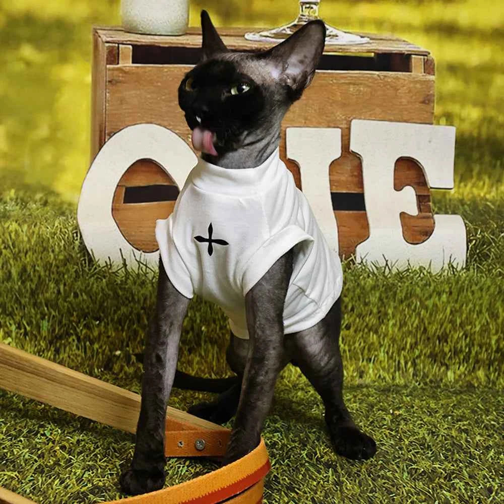 Sphynx Cat Clothes Winter Black Cotton T-Shirts , Pullover Kitten Shirts with Short-Sleeve, Hairless Pajamas Apparel for Cats