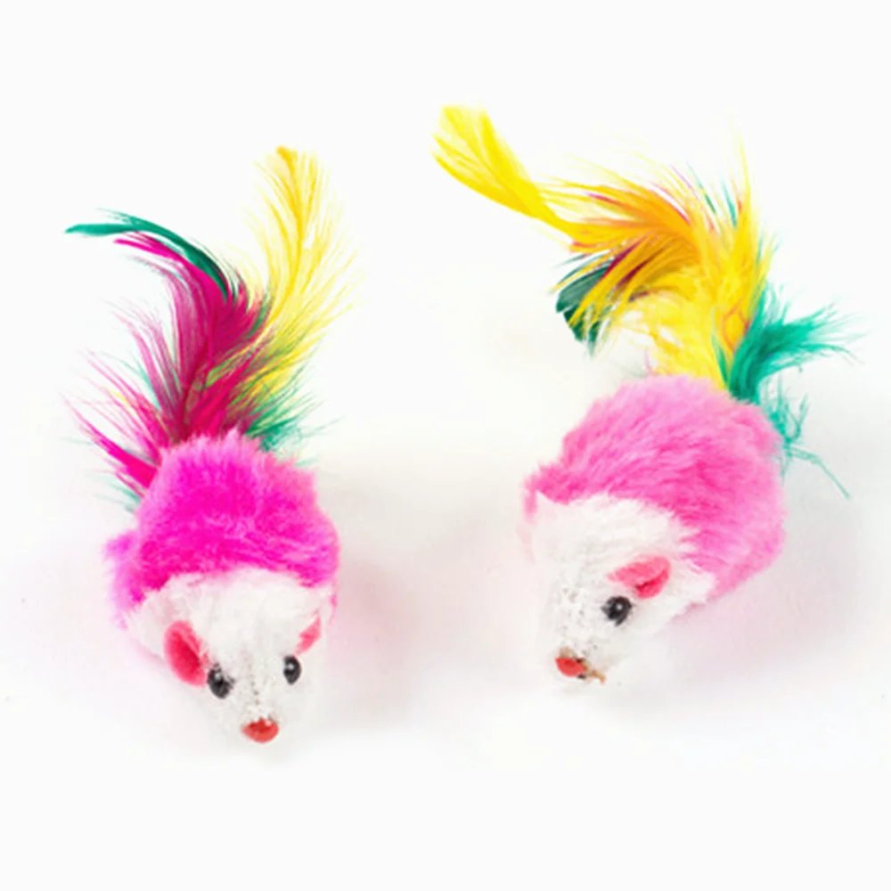 1PC Cat Interactive Cute Soft Wool Fake Mouse Colorful Feathers Fun Play Training Cat Kitten Pet Supplies