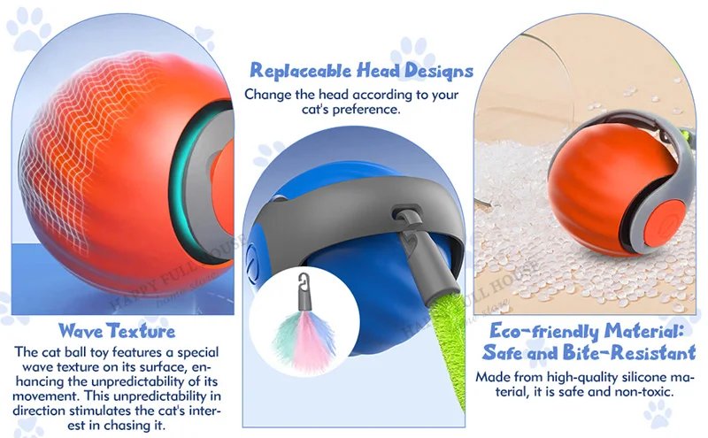 Interactive Cat Toy Balls, Automatic Toys for Cat with Replacement Tail, 2 Adjustable Modes, USB-Rechargeable Indoor Kitten Toy