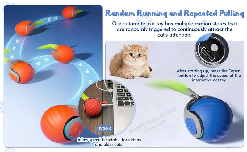 Interactive Cat Toy Balls, Automatic Toys for Cat with Replacement Tail, 2 Adjustable Modes, USB-Rechargeable Indoor Kitten Toy