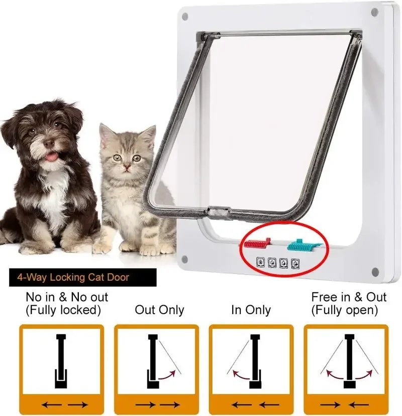 Pet Door 4 Way Locking Security Lock ABS Dog Cat Weatherproof Flap Door Controllable Switch Direction Doors Small Pet Supplies