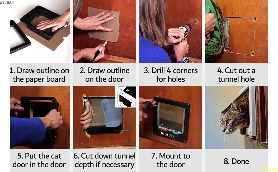 ATUBAN Large Cat Door Interior Door Pet Door for Cat Exterior Door 4 Modes Locking Suitable for Window and Wall,Strong Durable