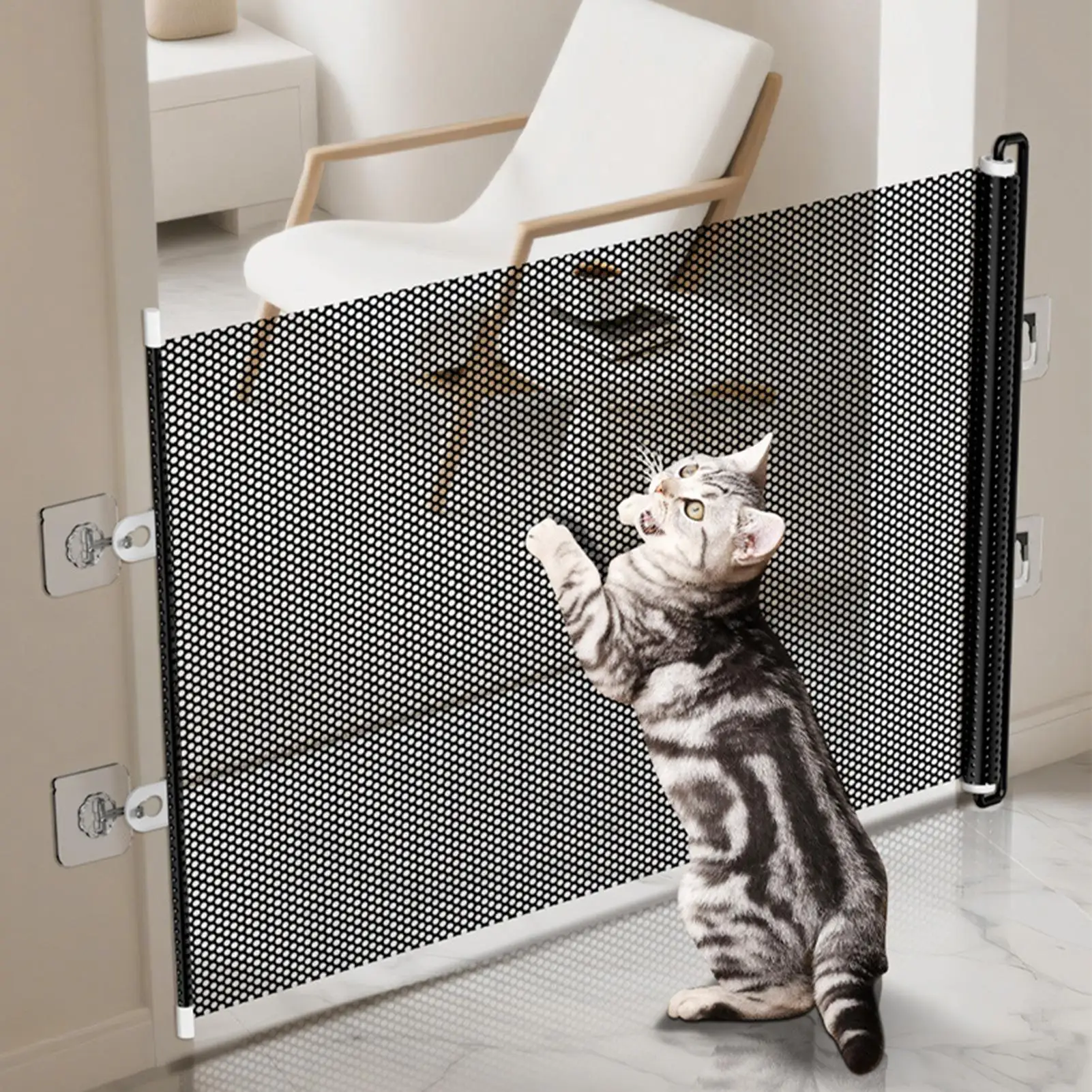 16457-hq96wa.jpg 49 Inch Retractable Baby Gate Punch-free Pets Stair Gate Dog Cat Stair Door Fence Childproof Net No-Drill Mesh Safety Barrier - Image 1