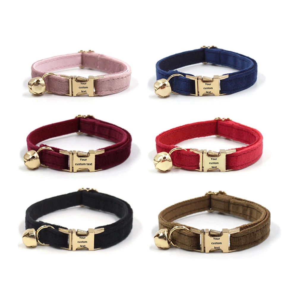 Personalized Velvet Cat Collar Custom Engraved Pet Name Collar For Cats Cat Supplies Cat Collar Belt With Bell Pets Accessories