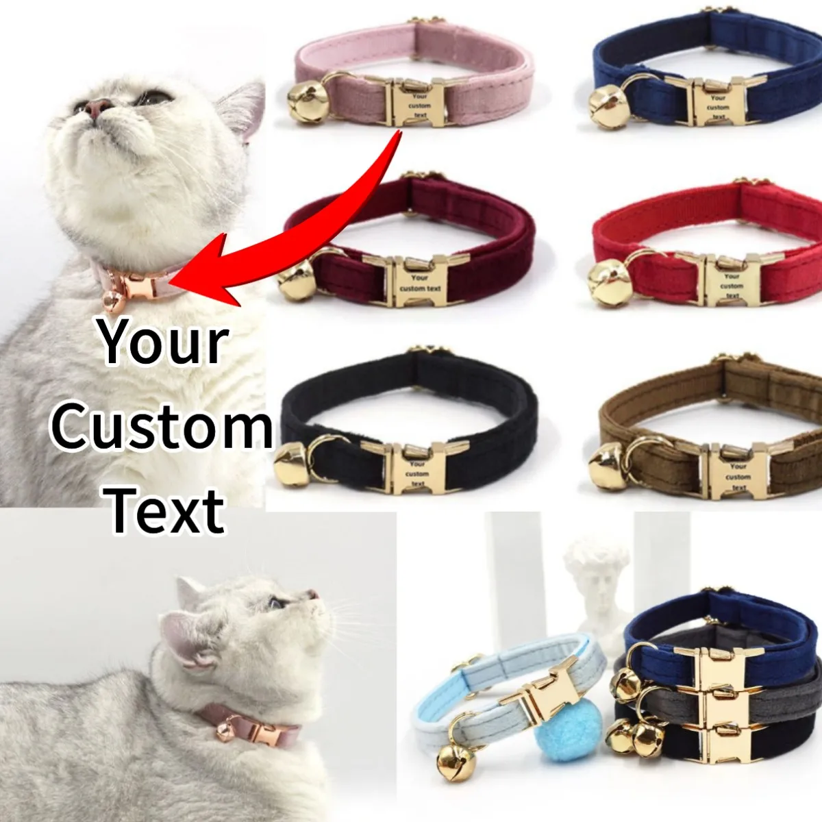 Personalized Velvet Cat Collar Custom Engraved Pet Name Collar For Cats Cat Supplies Cat Collar Belt With Bell Pets Accessories