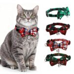 Pet Breakaway Cat Collar Bow Tie And Bell Cute Plaid Christmas Red Elastic Adjustable Dog Collar With Sash Small Bell For Cats