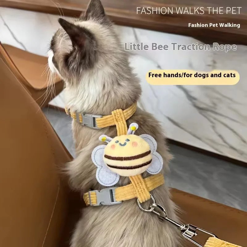 Adjustable H-Shape Cat Leash Outdoor Walking Harness with Cartoon Design Durable Pet Belt Set for Cats And Dogs Bee Pattern