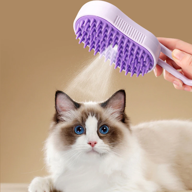 21791-ni6ra0.jpg Steamy Brush Electric Spray Cat Hair Brush 3in1 Pet Hair Removal Tool 360° Rotating Handle Silicone Multifunctional Massage Comb - Image 1