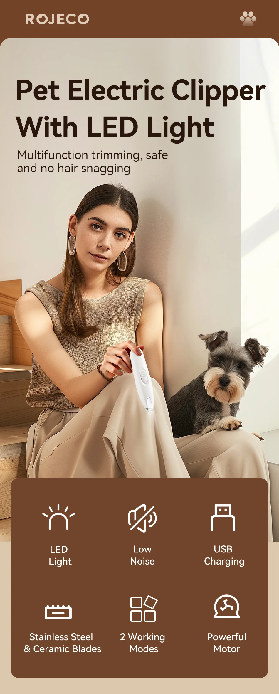 ROJECO Pet Electric Clipper For Cat Claw Foots Hair Trimmer With LED Light Rechargeable Dog Foot Haircut Shaver Grooming Supply ROJECO Pet Electric Clipper For Cat Claw Foots Hair Trimmer With LED Light Rechargeable Dog Foot Haircut Shaver Grooming Supply