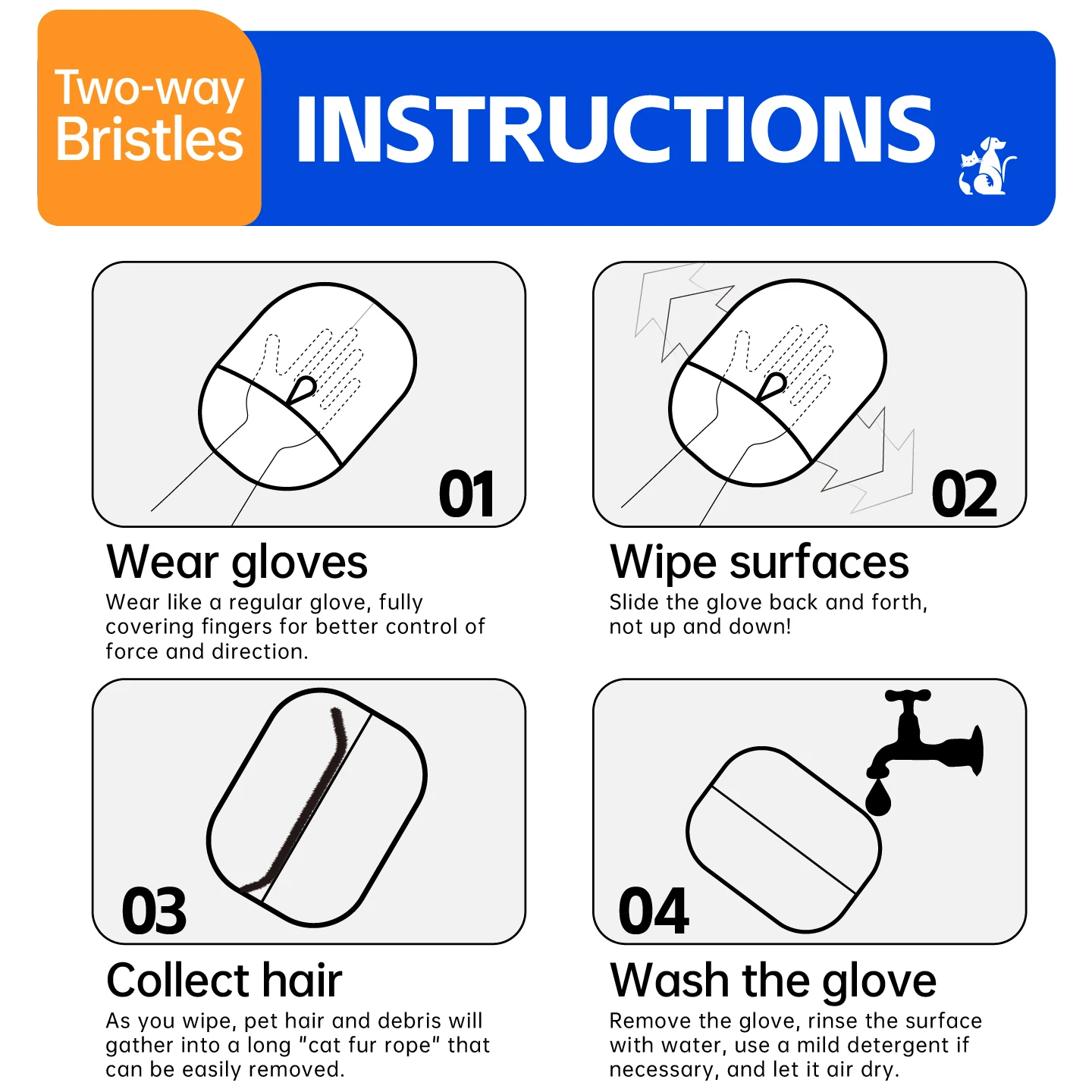 Pet Grooming Gloves Cats Hair Brush Pet Hair Removal Gloves Dual Brush Static-Free Cat Hair Cleaning Tool Hair Stripping Mitts