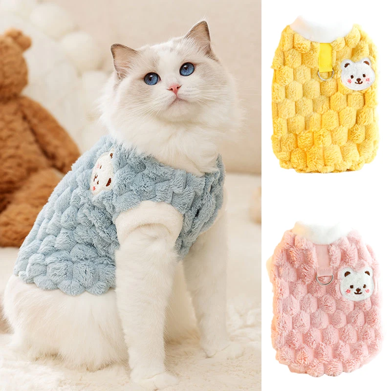 Plush Cat Puppy Button Jacket with Buckle Warm Winter Pet Clothes Cartoon Bear Print Kitten Coat Sphynx Clothing ropa para gato