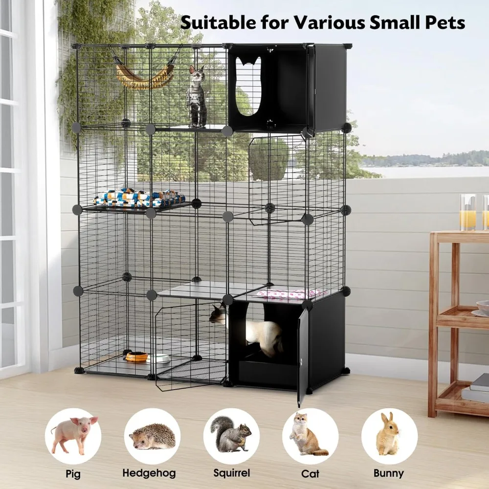 Cat Enclosure Indoor with Litter Box, 4-Tier Metal Wire Cat Cage, DIY Detachable Design for Cats, Kittens & Small Animals, Multi