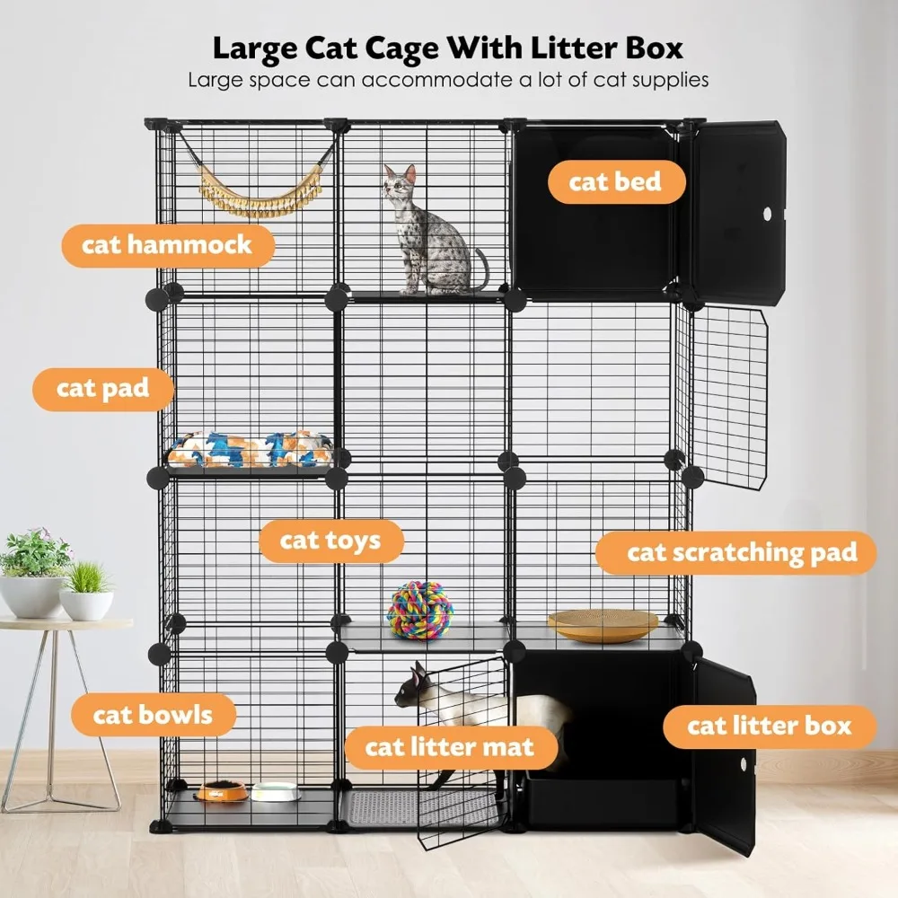 Cat Enclosure Indoor with Litter Box, 4-Tier Metal Wire Cat Cage, DIY Detachable Design for Cats, Kittens & Small Animals, Multi