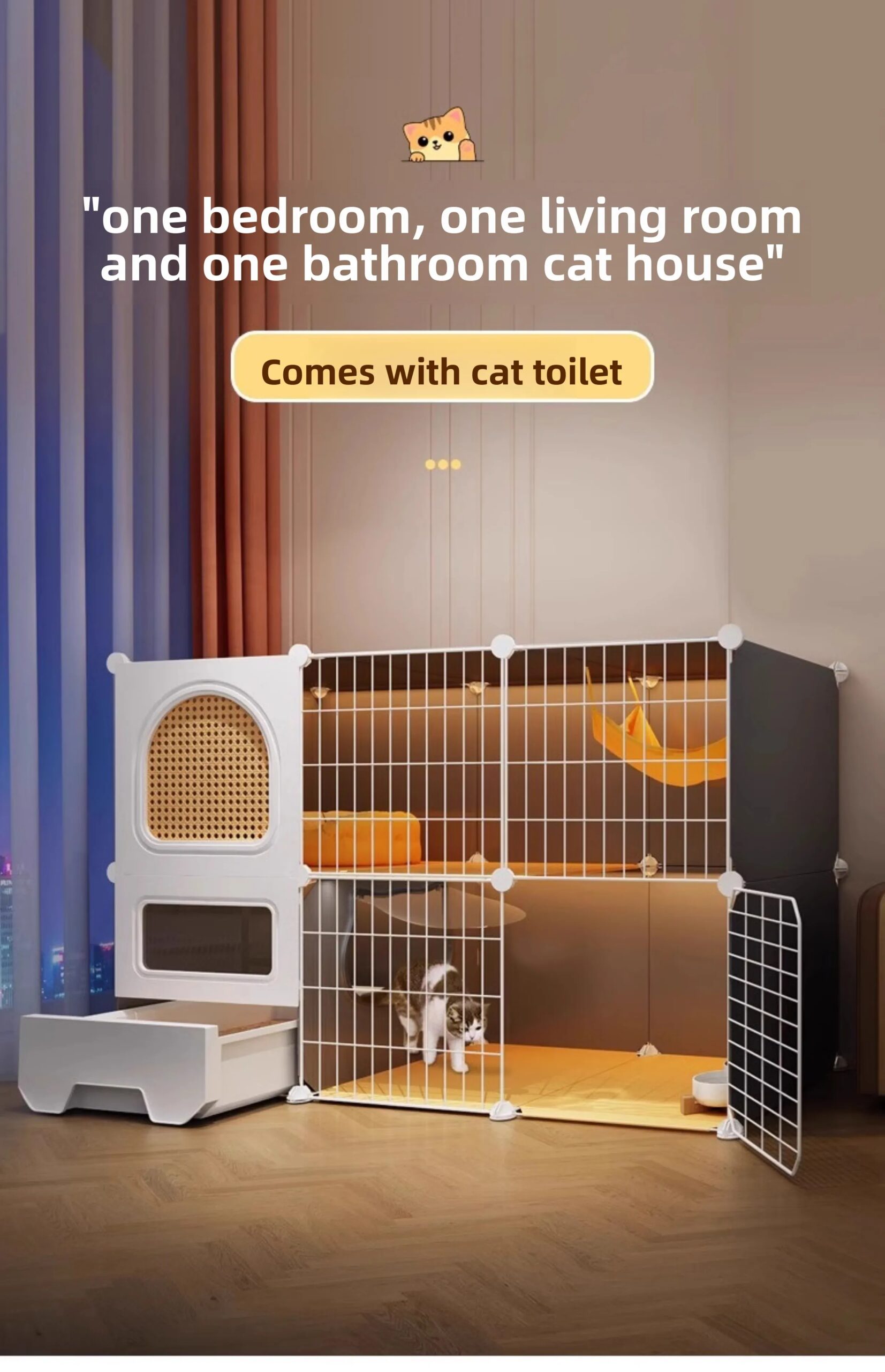 Large Cat Cages with Bed & Litter Box Indoor Multi-Level Cat House Spacious 3-in-1 Pet Villa Roomy Playpen with Resting Area