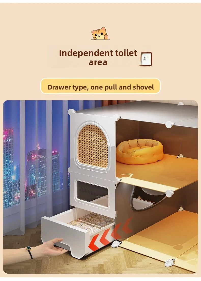 Large Cat Cages with Bed & Litter Box Indoor Multi-Level Cat House Spacious 3-in-1 Pet Villa Roomy Playpen with Resting Area