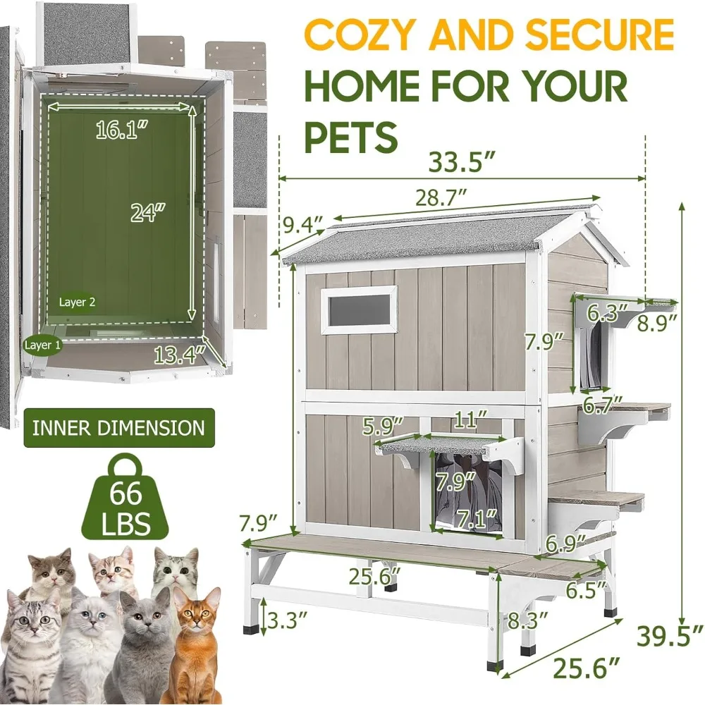 Weatherproof Outdoor Cat House with Balcony, 3 Jumping Platforms, Openable Wooden Shelter for Feral Cats