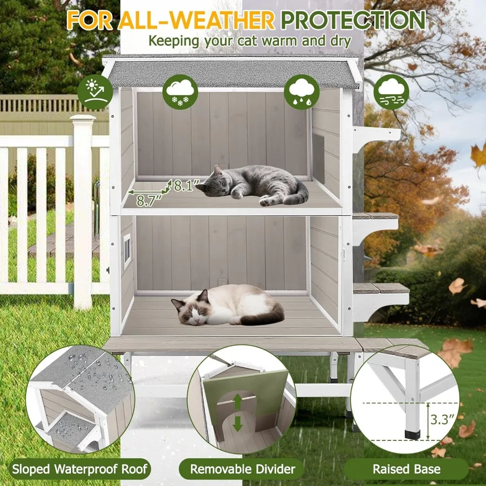 Weatherproof Outdoor Cat House with Balcony, 3 Jumping Platforms, Openable Wooden Shelter for Feral Cats