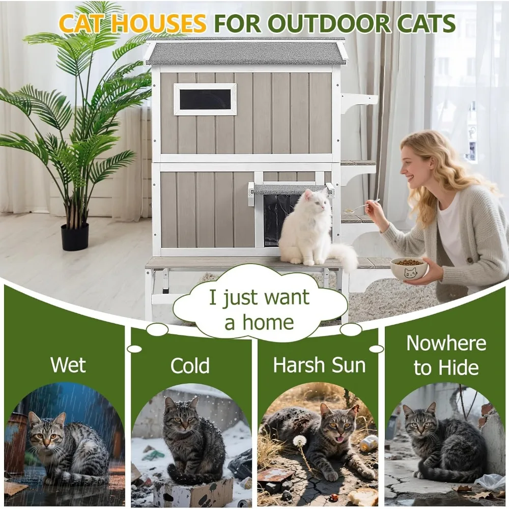 Weatherproof Outdoor Cat House with Balcony, 3 Jumping Platforms, Openable Wooden Shelter for Feral Cats